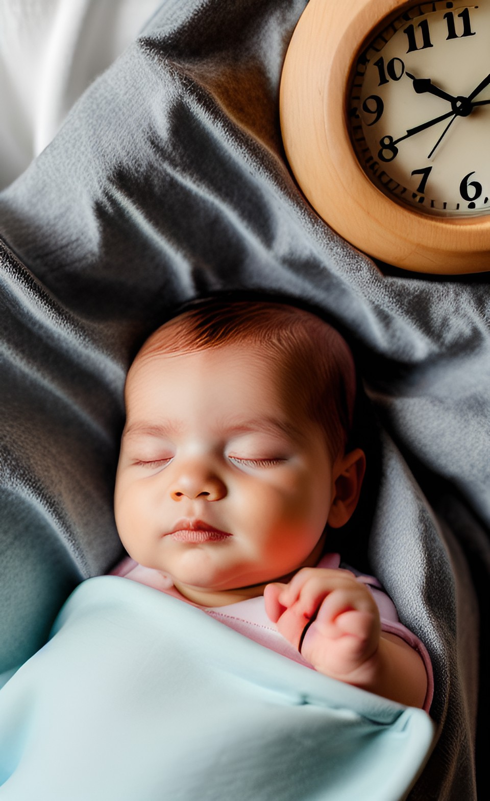 Bébé endormi dans des couvertures après une séance de massage bébé, avec une horloge en arrière plan.